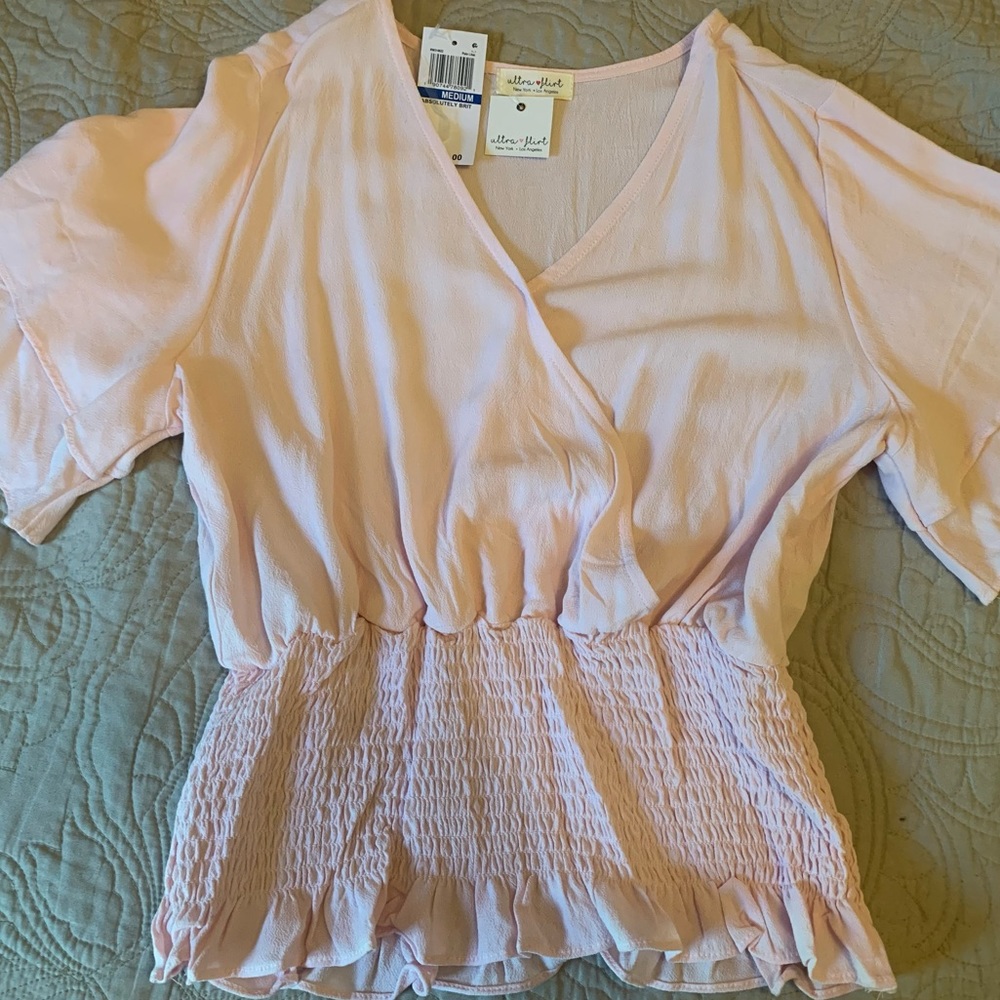 NWT light pink/peach v neck faux wrap tiered bell sleeve top M